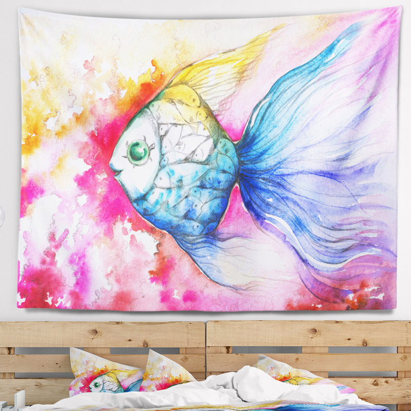 Tapisserie poisson bleu sur fond rouge, H 32 po x l 39 po