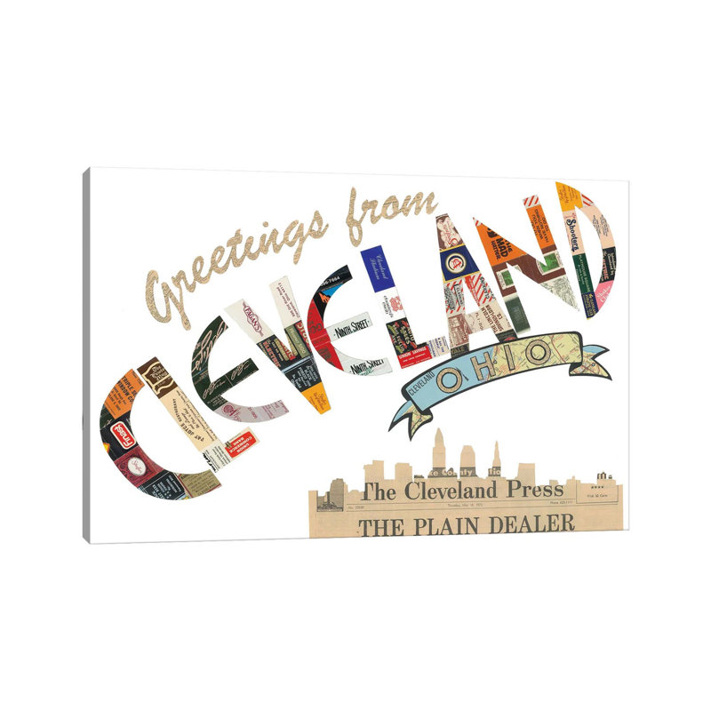 «Greetings From Cleveland» par Paper Cutz - Art textuel sur toile tendue, H 12 po x l 18 po x 1,5 po