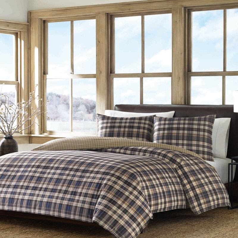 Full Navy Cotton Reversible Plaid Bedspread Cover Set