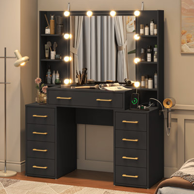 Tempered Glass Top Makeup Vanity Desk With LED Lights And Charging Station