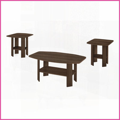 Ensemble de 3 tables basses en noyer stratifié pour le salon, style transitionnel avec amplement de rangement Bords arrondis sécuritaires pour les enfants
