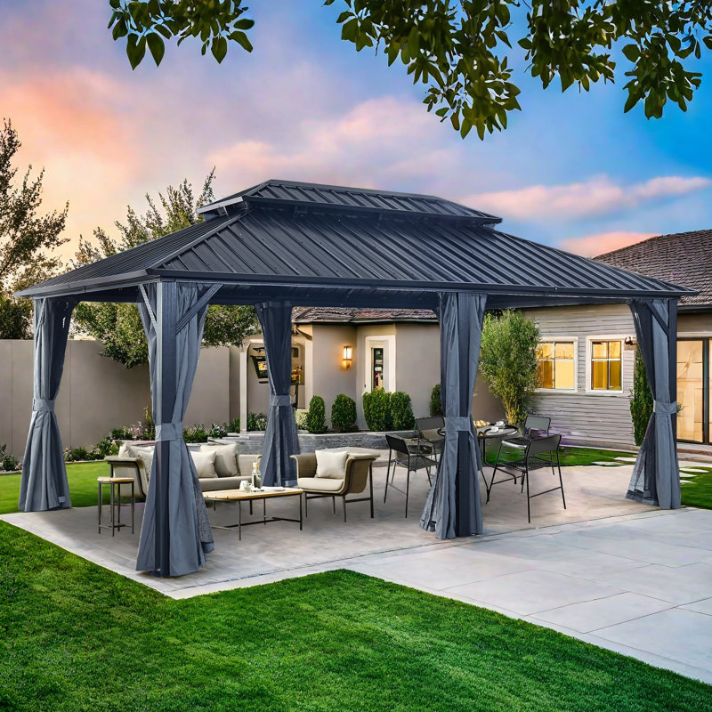 12X18FT Outdoor Metal Hardtop Patio Gazebo With Privacy Curtain And Mosquito Netting