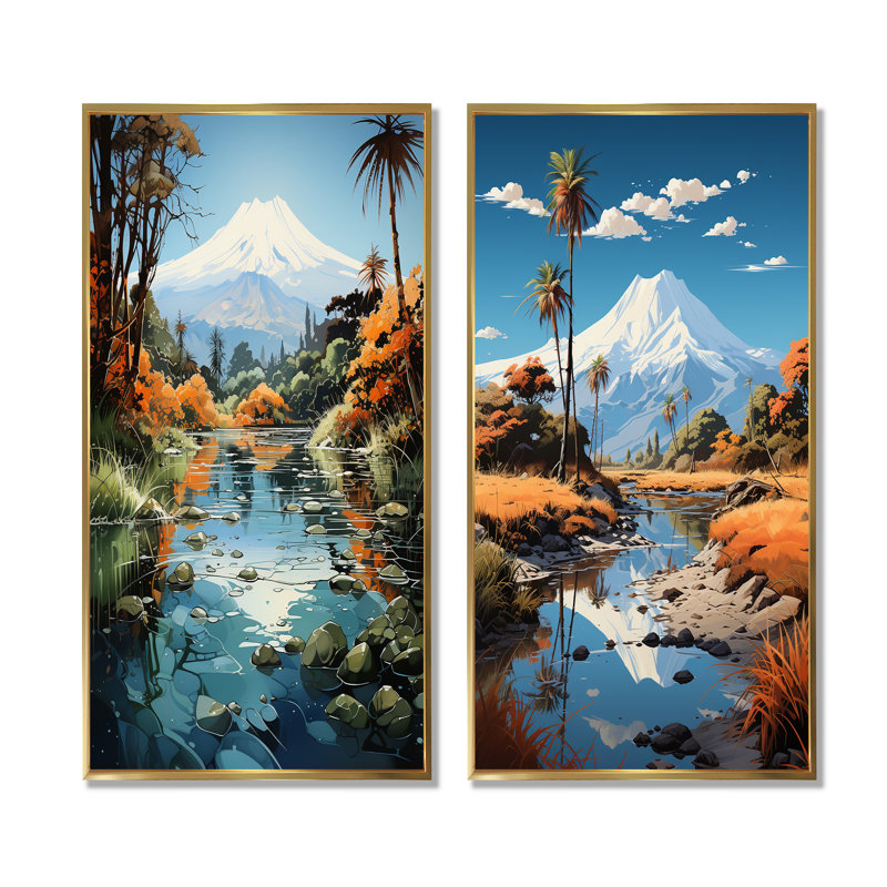 Volcano Volcanic Reflections - Ensemble de 2 reproductions d'art mural volcaniques, Cadre flottant doré, H 28 po x l 25 po