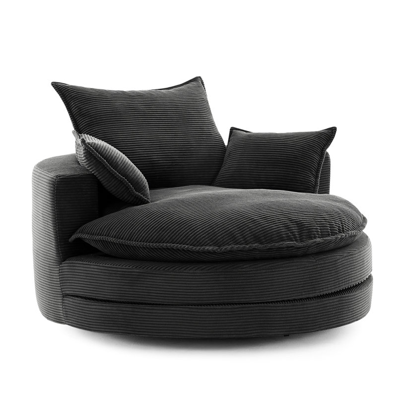 Chaise pivotante 360 avec système de coussin double couche, coussin de soutien, mécanisme lisse, revêtement en velours côtelé noir, 57,5 po au total, pour un fauteuil de détente à la maison, coussin, 3 coussins amovibles