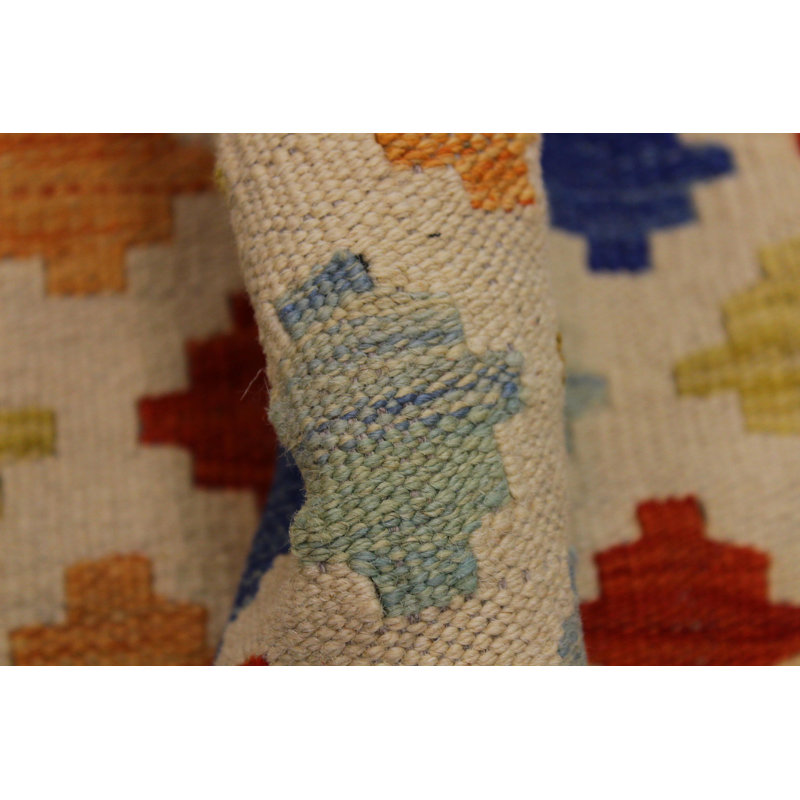 Tapis ivoire / bleu / jaune en laine fabriqué à la main de conception unique 5 pi 3 po x 7 pi 7 po Lowella