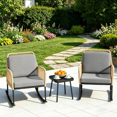 Outdoor Rocking Chair, Rocking Bistro Set With Side Table, Rocking Chairs For Backyard Garden Porch Poolside, 3-Piece,Dark Gray
