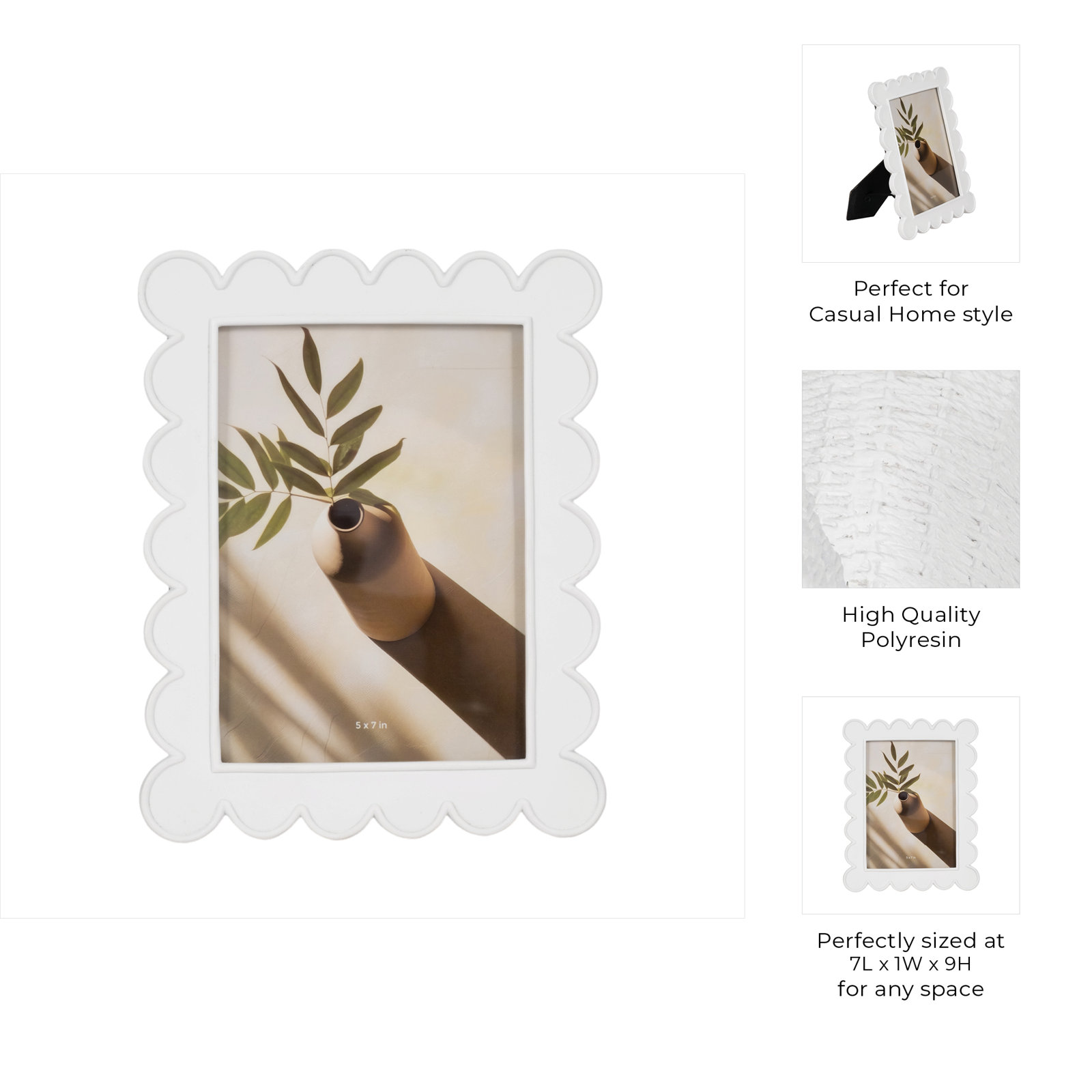Lilly Scallop Edge Photo Frame, White, 5" W x 7" H