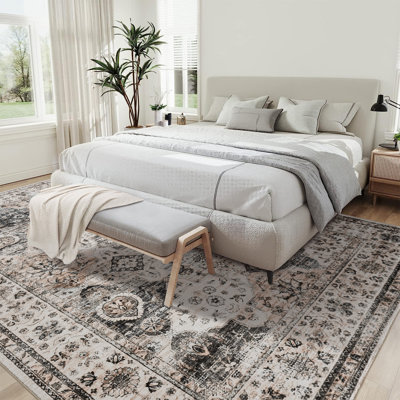 Grand tapis 9 x 12 pour le salon, tapis rétro antidérapant lavable à la machine, tapis à imprimé floral traditionnel à poils courts, tapis doux pliable pour la chambre à coucher, la salle à manger, brun clair