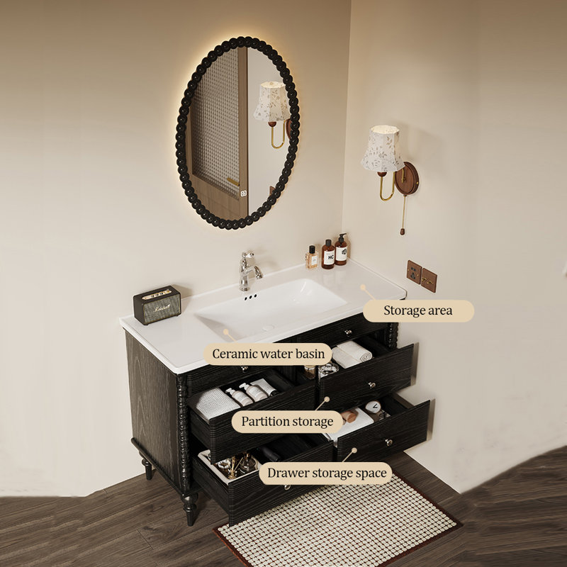 Meuble-lavabo sur pied 43,31 po en bois massif chêne rouge avec miroir intelligent, 43"