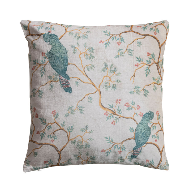 Square Cotton Velvet Printed Pillow with Birds and Branches