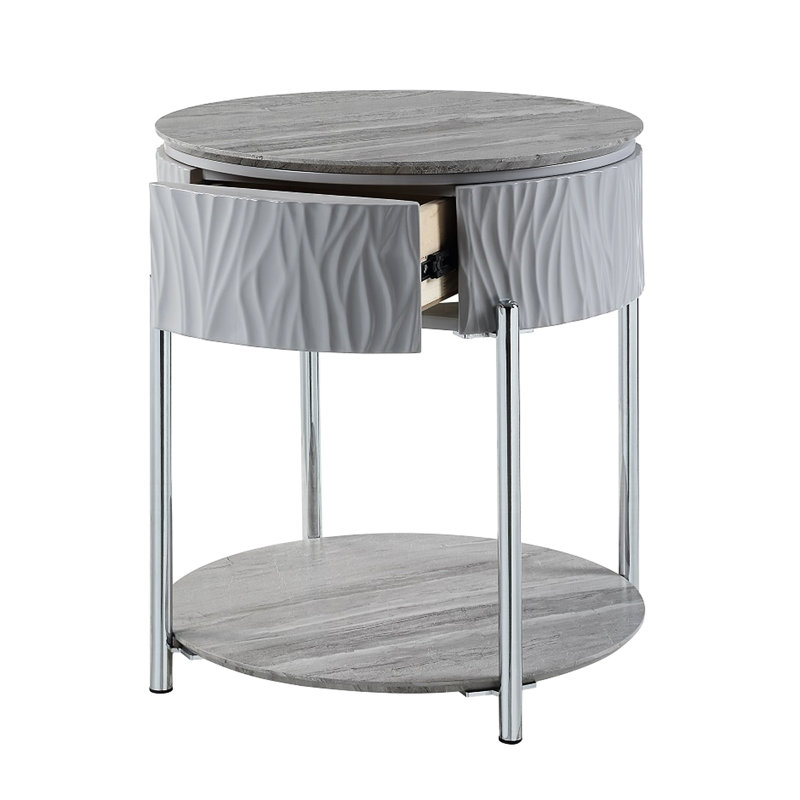 Table de bout moderne en bois et métal avec finition grise ultrabrillante - Meuble de salon
