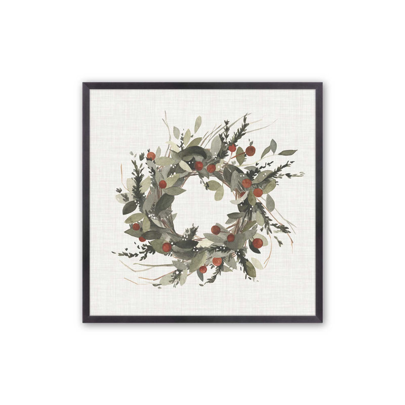 Holiday Wreath with Berries I Rolled Print, 13.75" H x 13.75" W, Weathered Zinc Single Picture Framed, Solid Wood