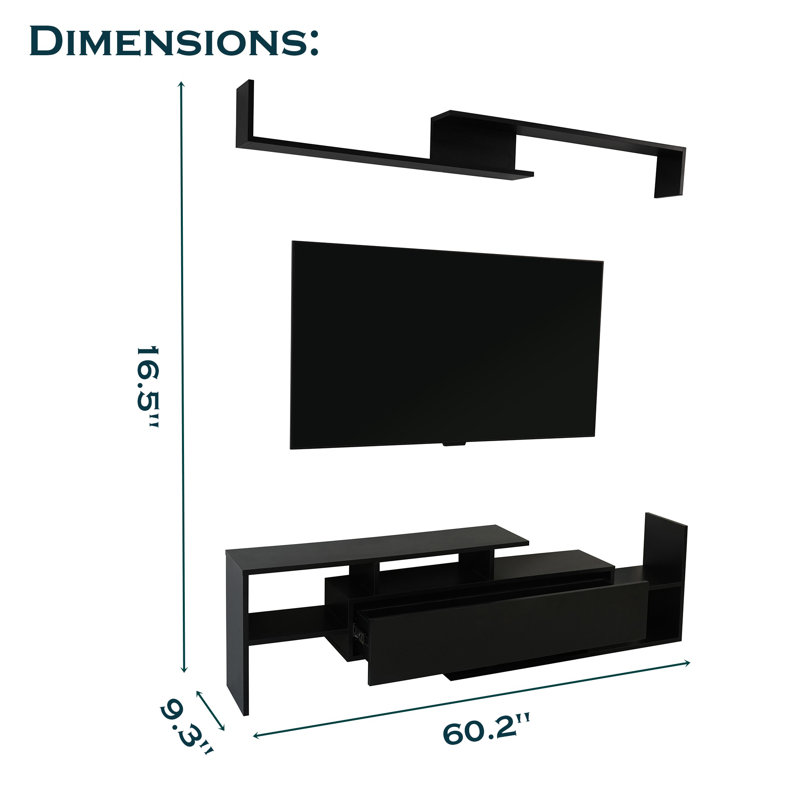 Alvaro 60.2'' 2 Pc 1-Drawer Floating TV Stand Media Console with Open Shelves, Black
