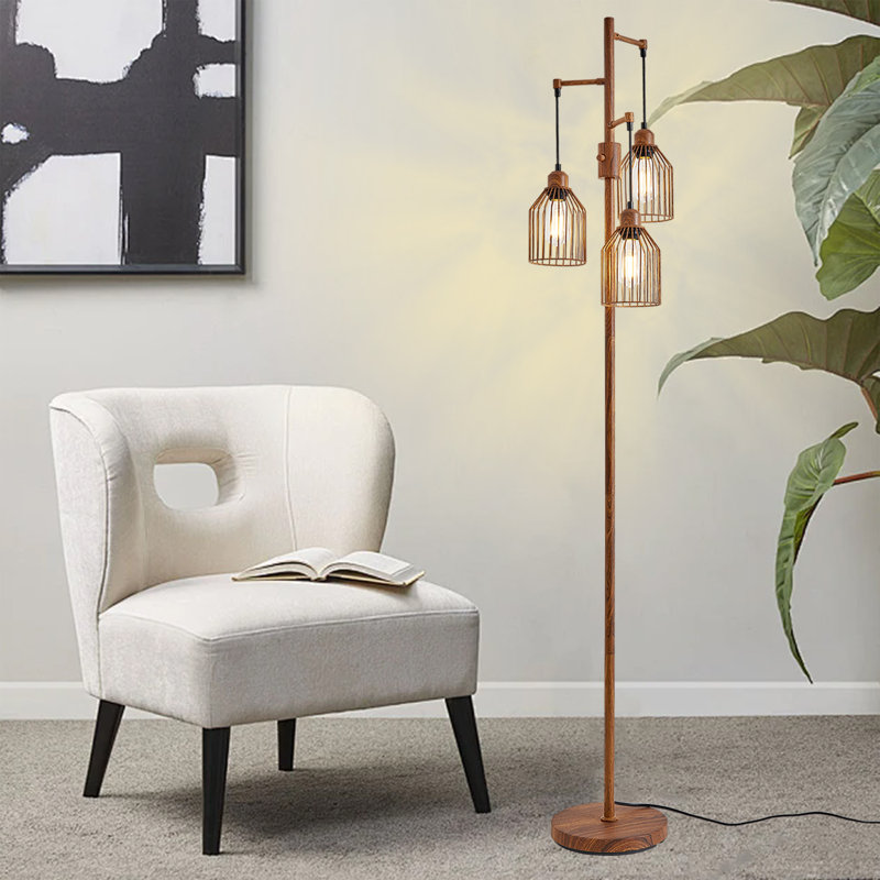 Lampe sur pied à intensité variable 65 po avec 3 ampoules incluses, Brossé, Bois