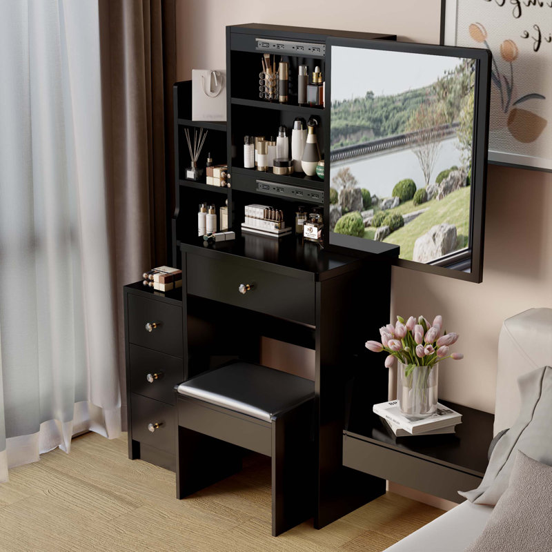 Petite coiffeuse 29,2 po avec tabouret de chevet gauche + tabouret rembourré, très grand miroir coulissant à droite, rangement multi-couches grande capacité, commode pratique et pratique, convient aux petits espaces