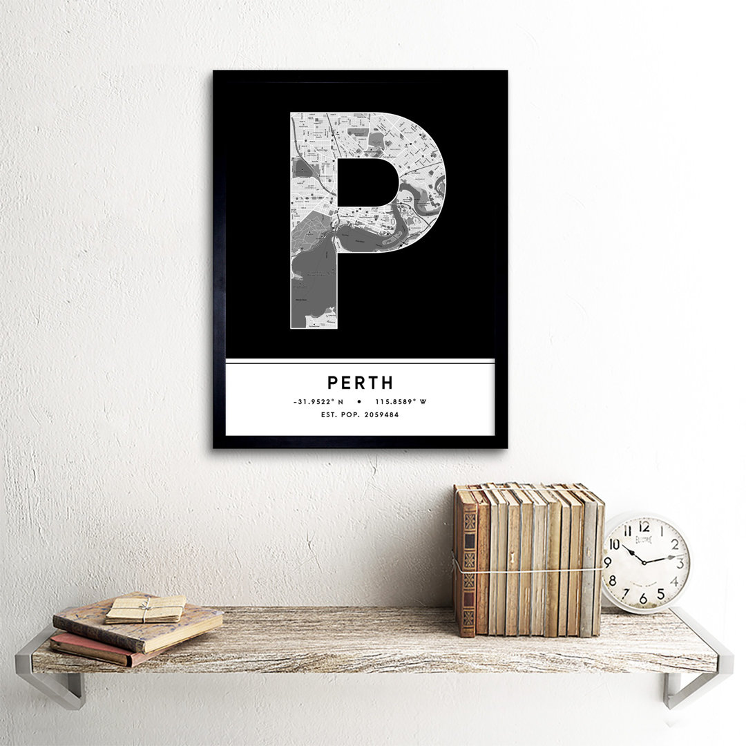 Perth Australia City Map Black And White - Single Picture Frame Typography