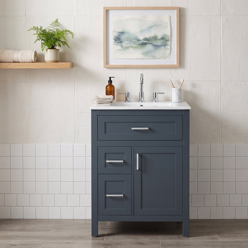 Meuble-lavabo compact avec lavabo en céramique, tablette réglable, rangement à fermeture en douceur et tiroir rabattable