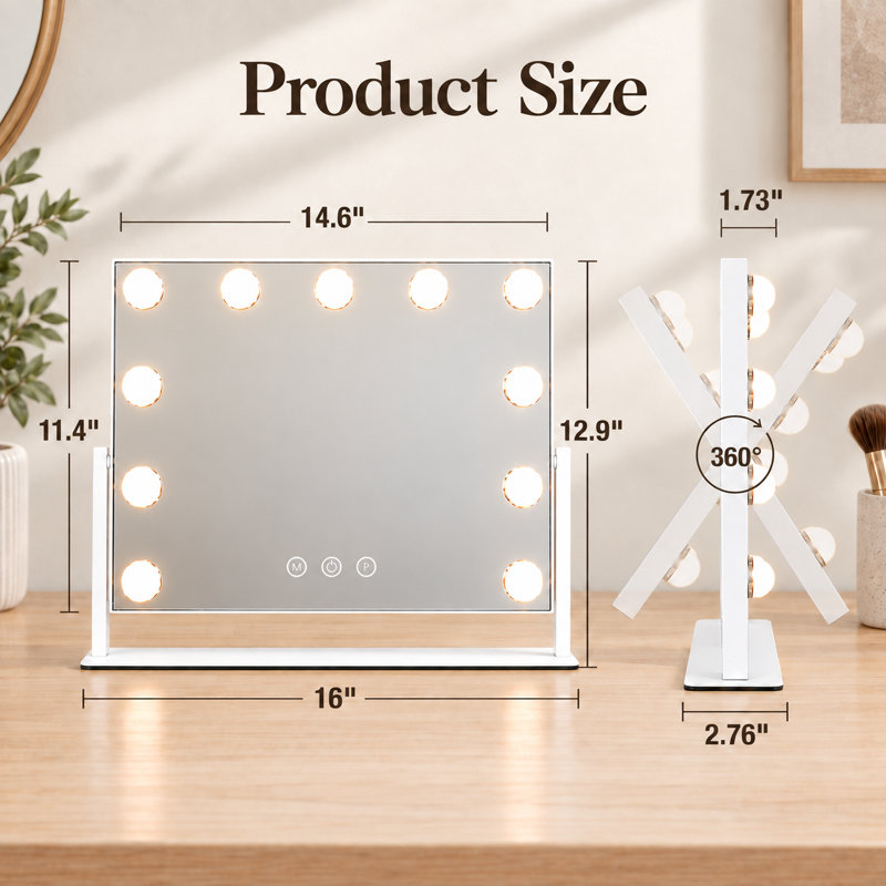 Miroir rectangulaire à DEL en métal pour chambre à coucher, miroir de coiffeuse de style Hollywood à intensité variable sur table