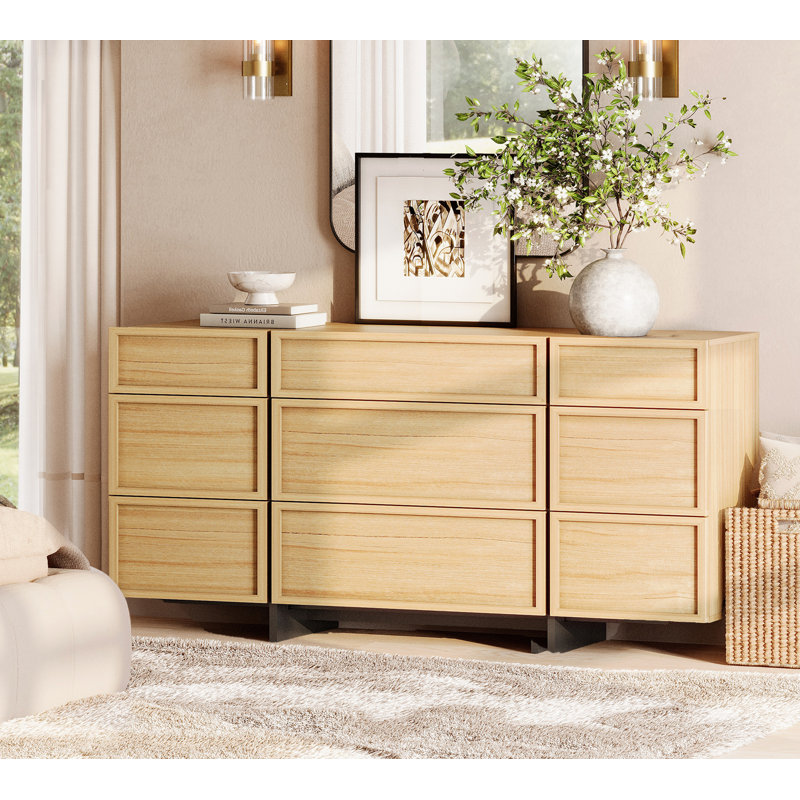Maisonet Modern 9-Drawers Dresser For Bedroom, Wooden Chest Of Drawers With T-Shaped Wood Legs, Storage Cabinet And Closet Organizer For Bedroom, Hallway, Living Room