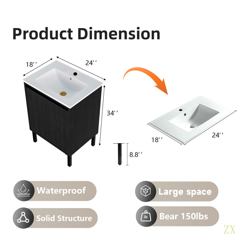 Meuble-lavabo de 24 po avec lavabo, structure autoportante pour la stabilité, portes à fermeture douce pour un fonctionnement silencieux, esthétique moderne