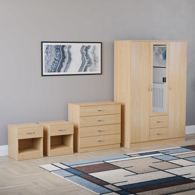 Tayce 4 Piece Bedroom Set (1 Drawer Bedside Chest X2, 4 Drawer Chest, 3 Door 2 Drawer Mirrored Wardrobe), Tan