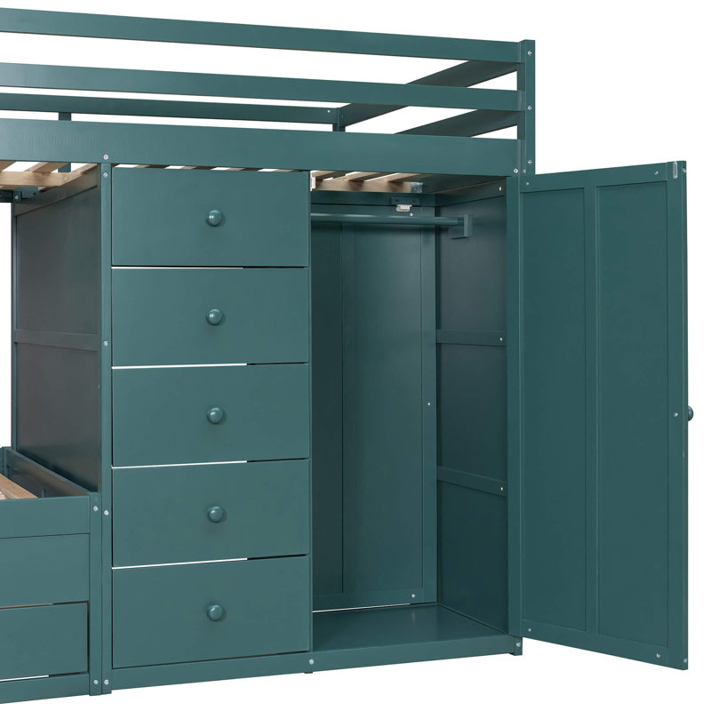 Lit superposé double avec 2 grands tiroirs, 5 petits tiroirs et une mini garde-robe - Lit en MDF et en bois massif pour enfants et adolescents