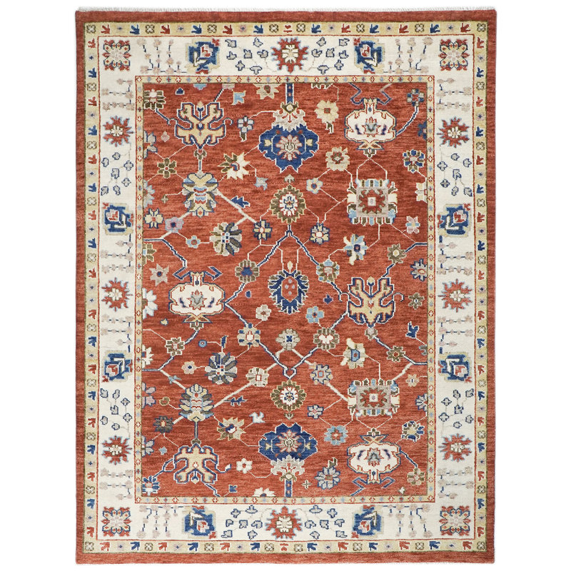 Tapis transitionnel Oushak en laine noué à la main de 9 pi 3 po x 12 pi 3 po ivoire