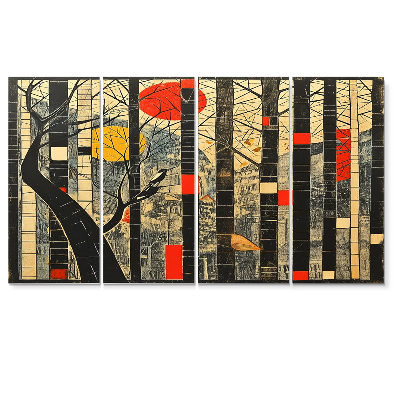 4 pièces d'art mural japonais en bambou, lune rouge japonaise, H 28 po x l 48 po