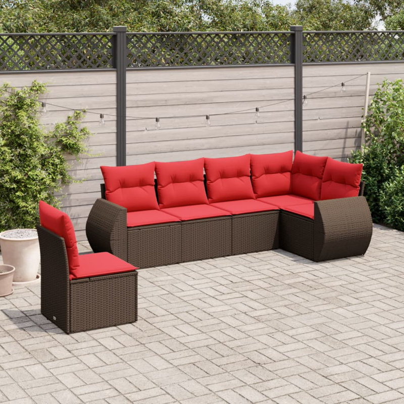 7 Piece Patio Sofa Set With Cushions Poly Rattan, Red Cushion/Brown Frame