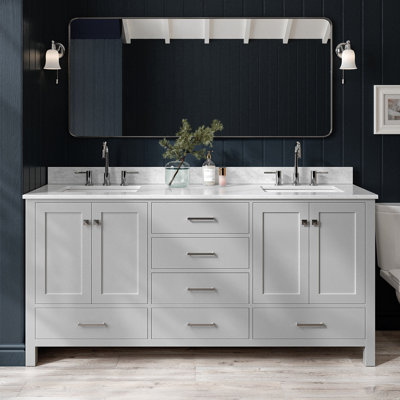 Meuble-lavabo double en bois massif Flynt avec plateau en marbre de Carrare 0,75 po
