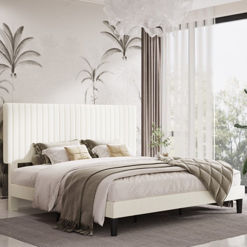 Dunphy Upholstered Platform Bed with Adjustable Headboard, King, Warm White