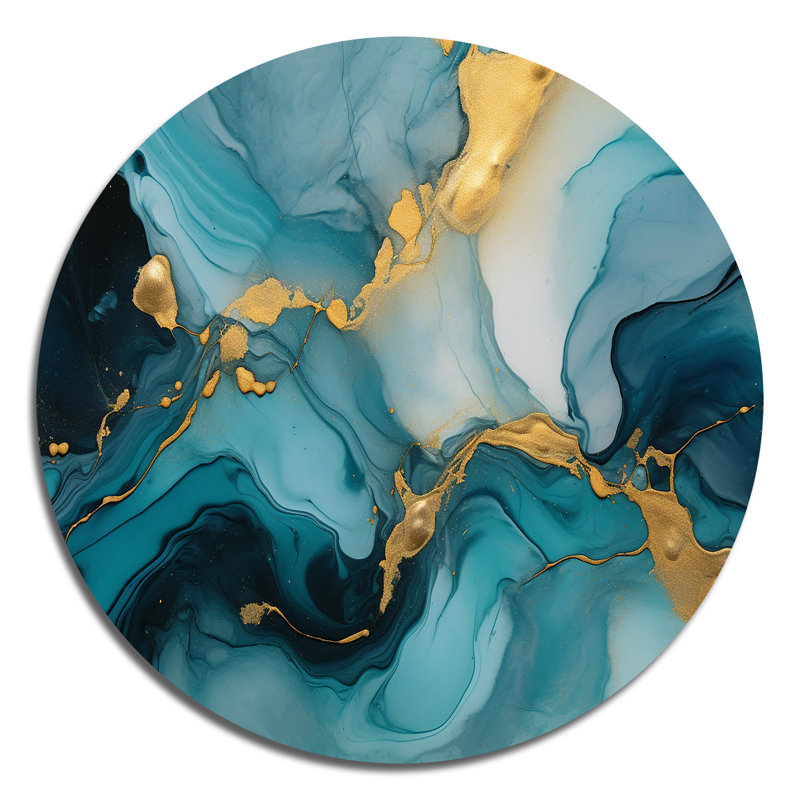 Marbre turquoise infusé d'or II - Art abstrait rond en métal, H 23 po x l 23 po