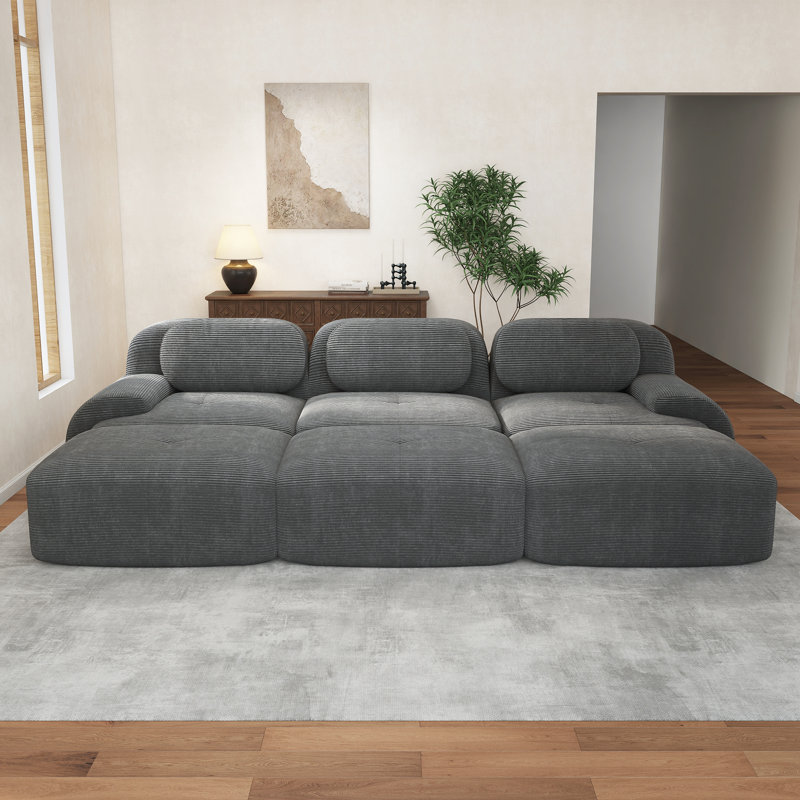 Three-Seat Modular Sofa With 3 Ottomans Corduroy Boneless Fabric 32D High-Resilience Sponge Living Rooms Media Rooms