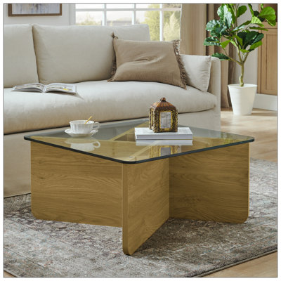 Table basse en verre de 31,5 pouces, table basse carrée moderne de style Mid-Century, table basse de salon en bois, table basse carrée avec plateau en verre trempé, table décorative unique pour petits espaces