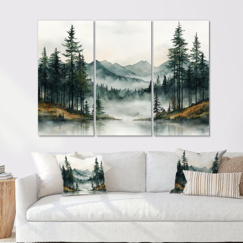 «Green Pine Trees Mist Morning I», ensemble d'art mural pin, H 60 po x l 84 po x P 1,5 po, Toile tendue