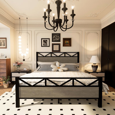 Industrial Style Full Size Brown Bed Frame, Metal Structure With Side Rails And Central Legs, Headboard , Easy Setup Little Time One - Piece Middle Part, Assembly Few Tools