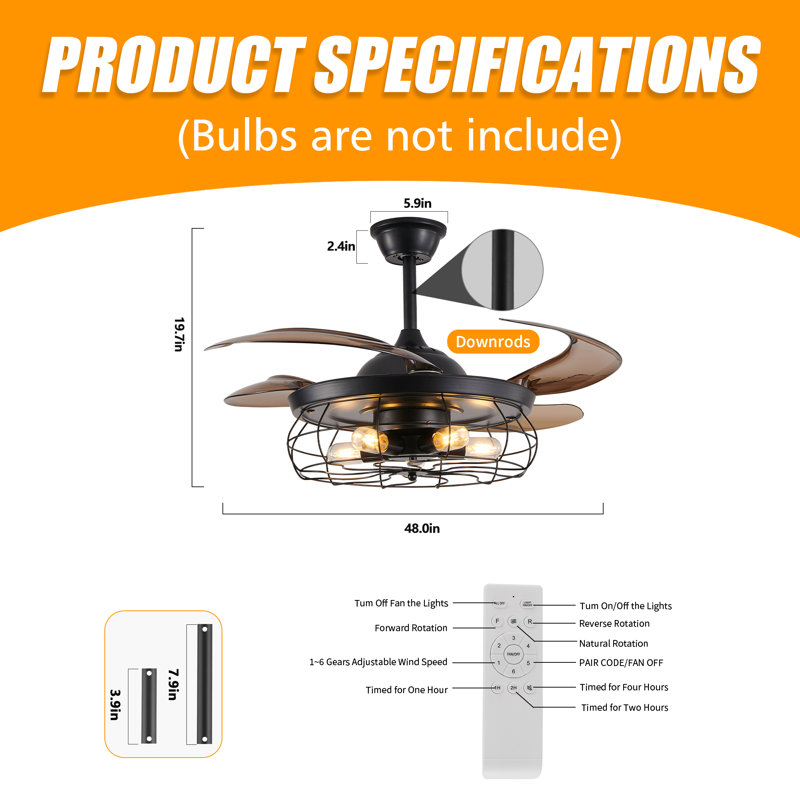 48 Inch Ceiling Fans With Lights And Remote Control, Black, Cage Design, 6-Speed DC Motor, Light Kit Included