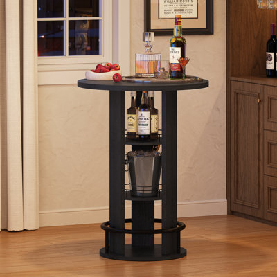 Round Bar Table With Metal Footrest And Storage, 39"h Wood Bistro Pub Table, Easy To Assemble And Space Saving, Black