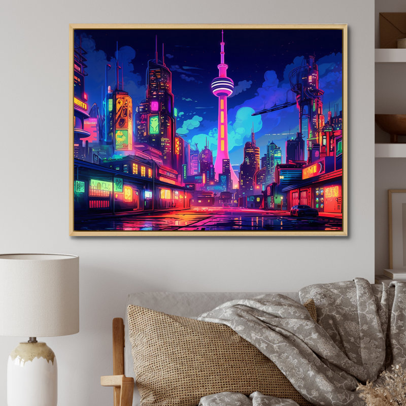 Berlin Neon Cityscape II - art mural de Berlin pour le salon, H 30 po x l 40 po x P 1,5 po, Cadre naturel flottant