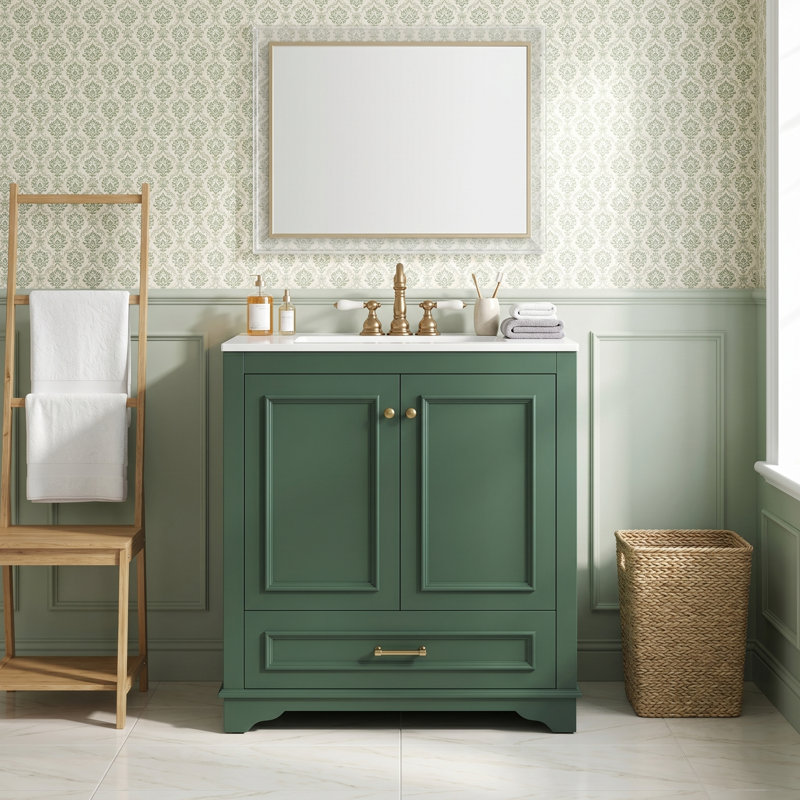 Meuble-lavabo de luxe 30 po avec lavabo en céramique, armoire de rangement en bois massif avec 2 grandes portes à fermeture douce