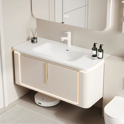 43.31"Milk Tea Color Solid Wood Rubberwood Wall-Mounted Bathroom Washbasin Vanity With a Mirror Cabinet