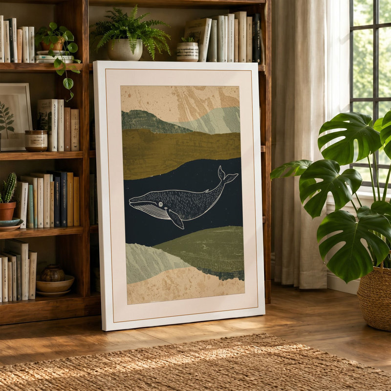 Whale and Mountain Coastal - Wrapped Canvas, 30x20 - 76.2 x 50.8 cm, Taupe Border