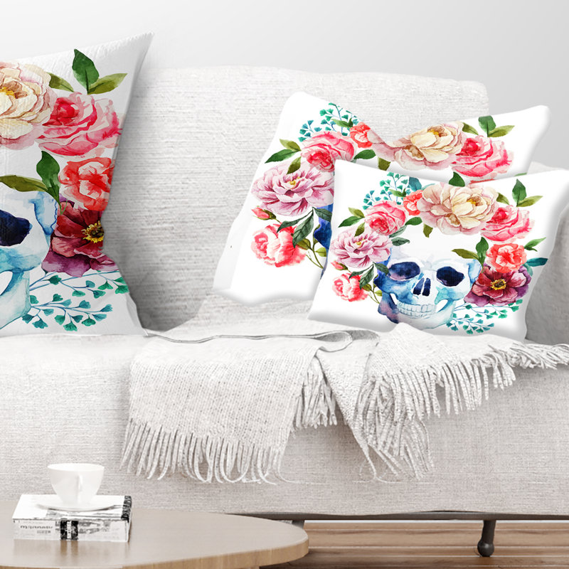Art en forme de crâne de bouquet - Coussin décoratif imprimé contemporain, 12 po x 20 po, Rectangulaire