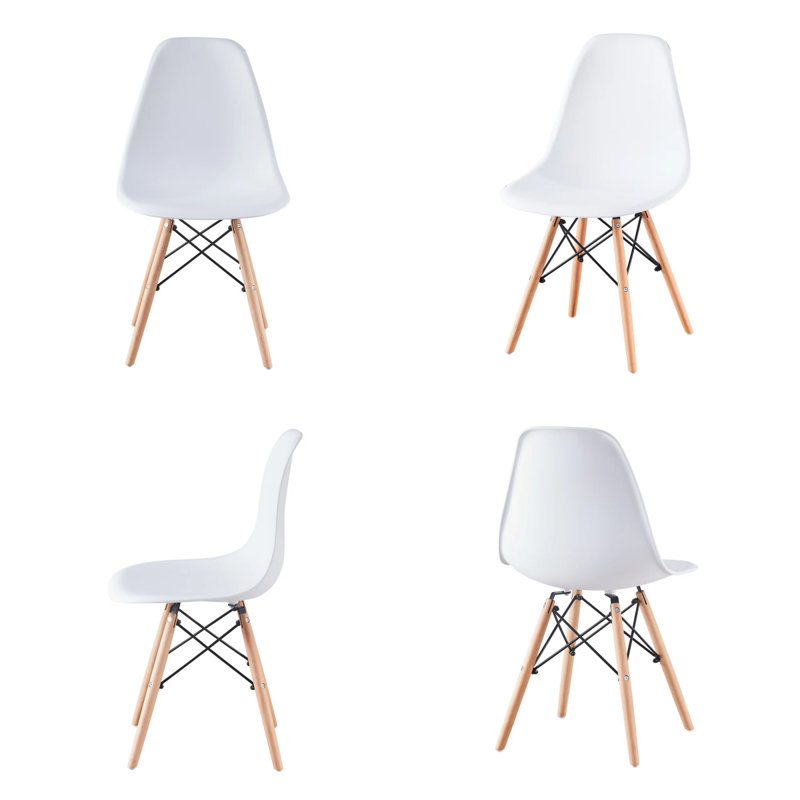Mid-Century Modern Dining Chairs Set Of 4, White Plastic Side Chairs With Solid Beech Wood Legs And Black Steel Support For Kitchen, Dining Room, And Office