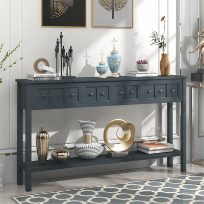 Console rustique, canapé de 60 po de long avec deux tiroirs de taille différente et une tablette inférieure pour le rangement (bleu marine)