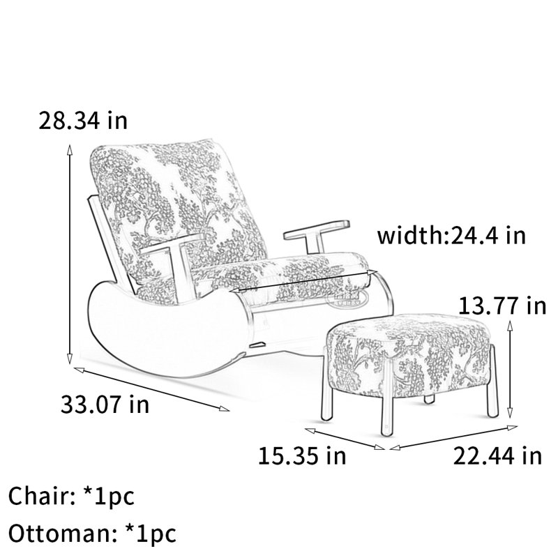 Double armrest solid wood printed rocking chair, Brown