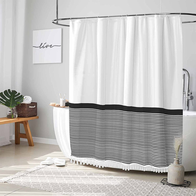 Rideau de douche rayé simple avec crochets, 72 po x 72 po, Noir / blanc