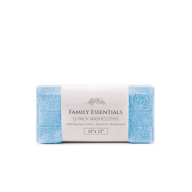 Family Essentials Washcloths (Pack of 12), 12x12, Cotton, Heritage Blue