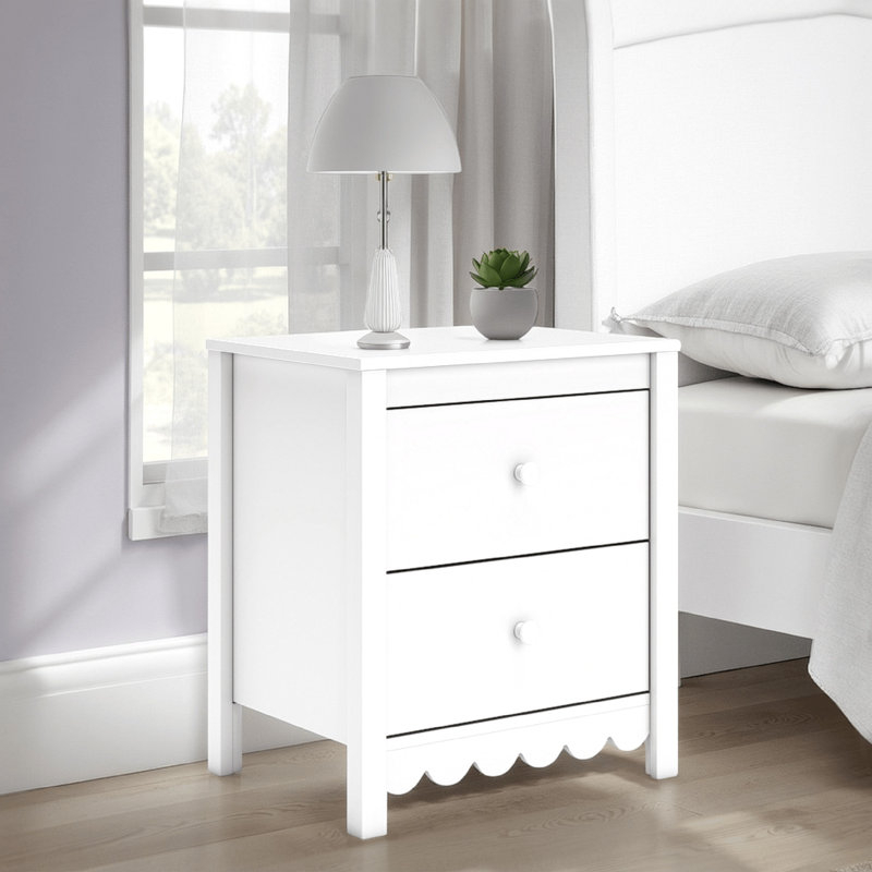 Table de chevet Kally, 2 tiroirs, finition bois blanc mat moderne, 24 po