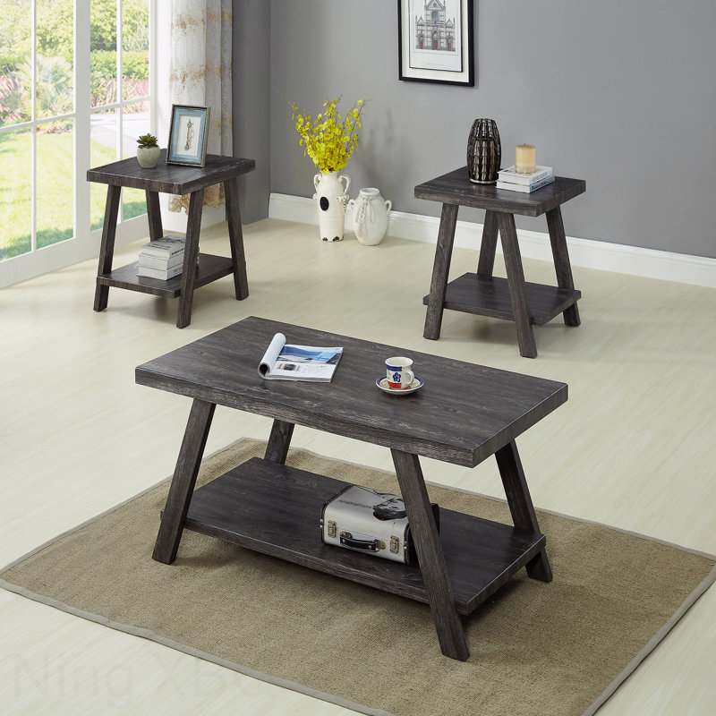 Ensemble de tables basses 3 pièces et 3 tables de bout avec plateau de rangement gris